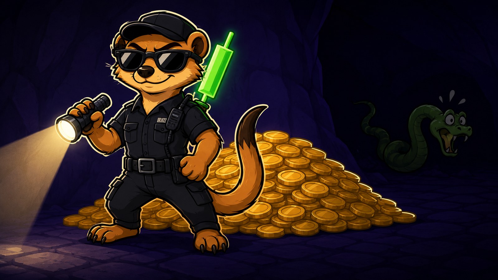 The Mongoose guard standing watch over a pile of coins while a snake retreats