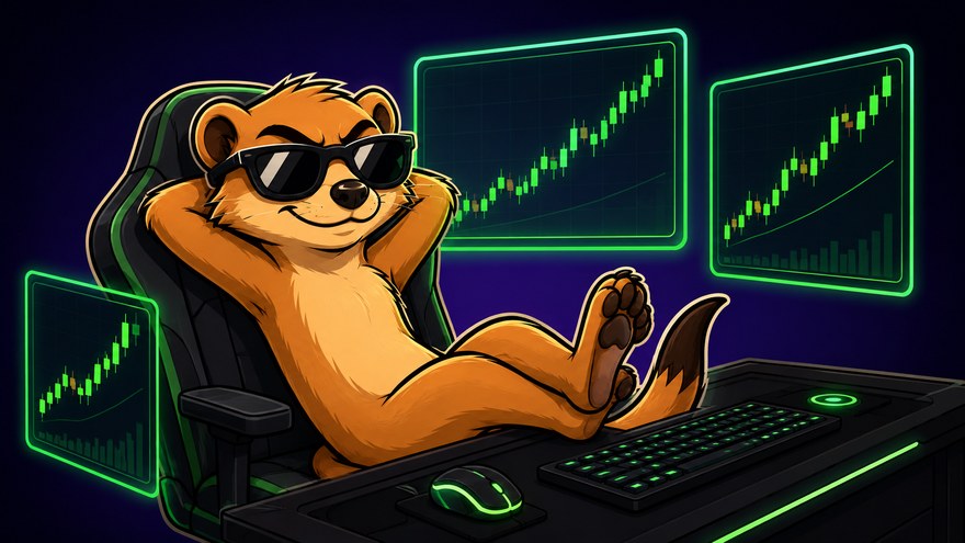 Mongoose relaxing in front of rising charts